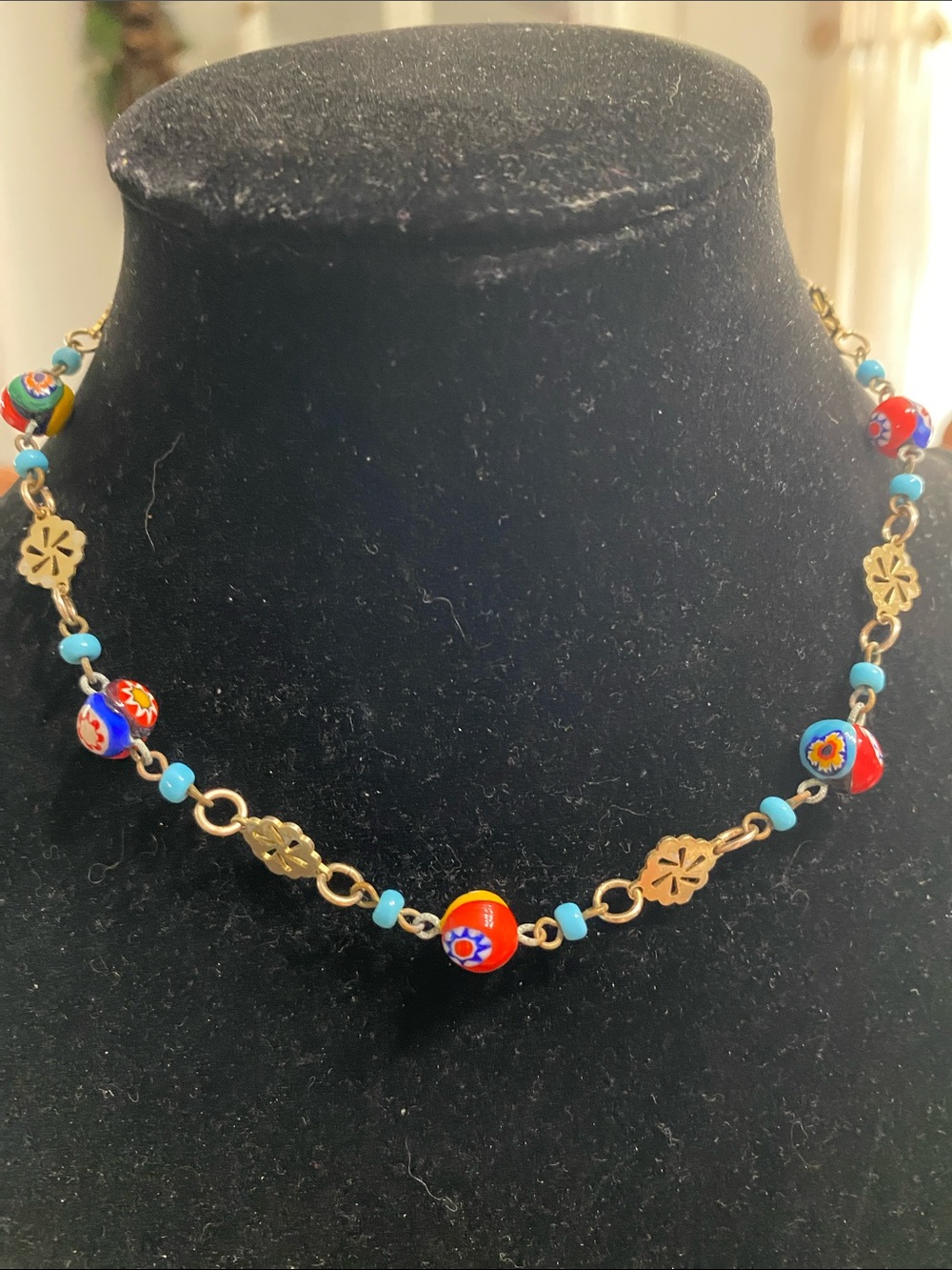 Gold-Tone Floral Link Necklace with Red & Turquoise Millefiori Beads